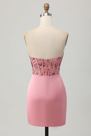 Strapless Blush Corset Sequins Bodycon Short Prom Dress